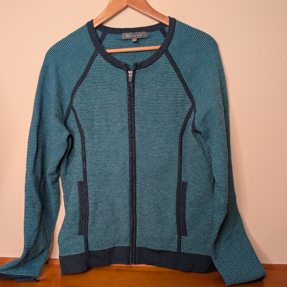 Title Nine Zip Front Knit Jacket Blue Teal Cotton Blend Size XL